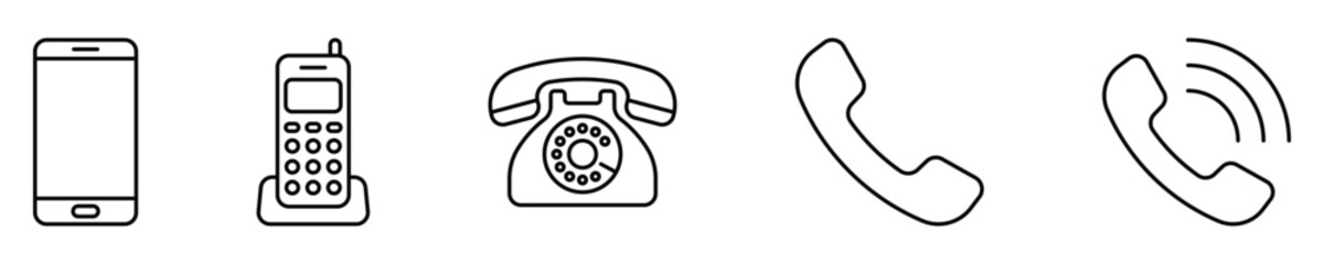 Phone vector icon set. Modern smartphone, cordless phone, rotary dial telephone, and handset line art symbols for communication design. © Meduza