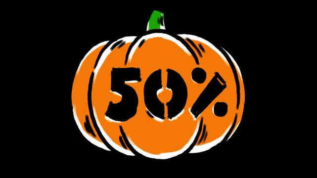 Horizontal 4K video. Orange Jack Lantern with face rotates on black. Hand drawn line art loop animation. 50%. Concept of 31 october, halloween sale, 11 november, discount, fear, fall, autumn holiday