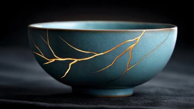 Elegant and Exquisite Blue Porcelain Bowl with Kintsugi Repair