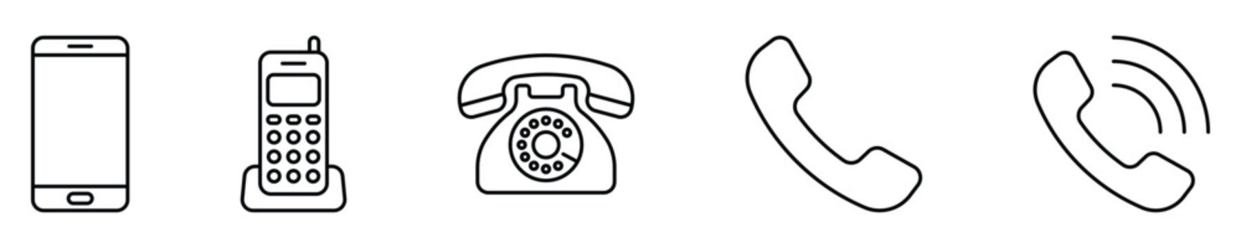 Phone vector icon set. Modern smartphone, cordless phone, rotary dial telephone, and handset line art symbols for communication design.