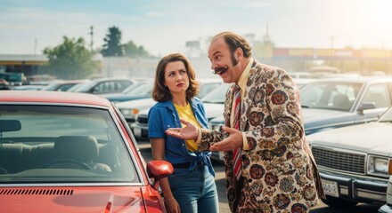 Animated Discussion in a 1970s Parking Lot