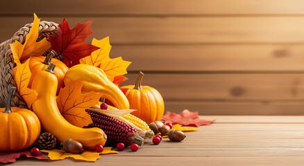 Cornucopia with pumpkins, gourds, leaves, and corn on a wooden surface. Perfect for autumn designs, thanksgiving promotions, and seasonal projects.