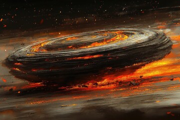 Fiery, swirling, dark space disc hovering over a fiery landscape
