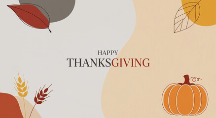 Thanksgiving greeting card with autumn leaves, pumpkin, and wheat. Perfect for holiday social media posts, invitations, or seasonal decorations.