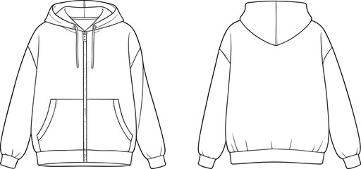 Flat sketch of zip up hoodie with kangaroo pocket, drawstring hood, ribbed cuffs and hem, casual fashion apparel design templateFlat sketch of zip up hoodie with kangaroo pocket, drawstring hood, 