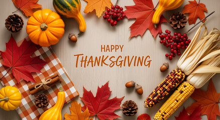 Pumpkins, corn, acorns, wheat, leaves, and happy thanksgiving text. Ideal for thanksgiving themed designs, cards, and decorations.