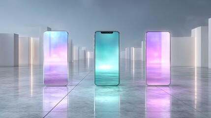 Three Smartphones Mockups Displaying Abstract Ocean Scenery with Reflections on Concrete Ground and Soft Gray Backgroun