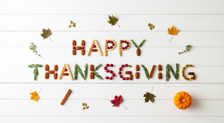 Happy thanksgiving food display on white planks, perfect for holiday social media posts, recipes, and festive food blog content.