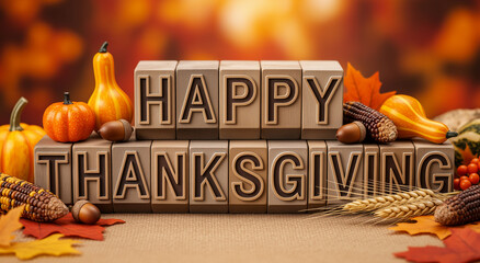 Thanksgiving themed decoration with wooden blocks, pumpkins, and corn ideal for fall celebrations, social media posts, or autumn themed graphics.