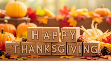 Thanksgiving themed decoration with wooden blocks, pumpkins, and corn ideal for fall celebrations, social media posts, or autumn themed graphics.