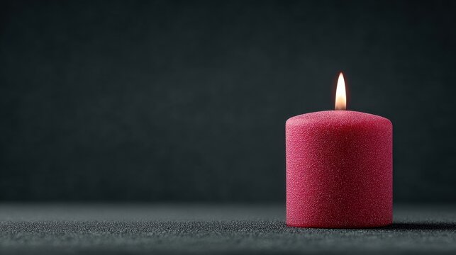 A red candle with a lit wick sits on a dark surface
