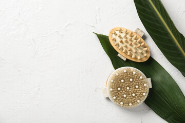 Body massage brushes and fresh leaves on white background