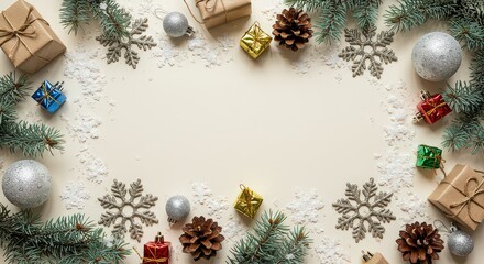 A festive Christmas border arrangement with pine branches, snowflakes, pinecones, and gift boxes on a light background.
