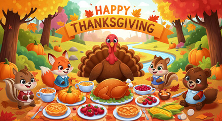 Delightful thanksgiving feast with woodland creatures perfect for autumn themed designs, invitations, greeting cards, and seasonal illustrations. Enjoy the charm.