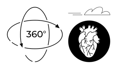 360-degree rotation arrows surrounding text, anatomical heart inside black circle, simple line cloud. Ideal for technology, health, anatomy, education, motion innovation mindfulness. Simple flat