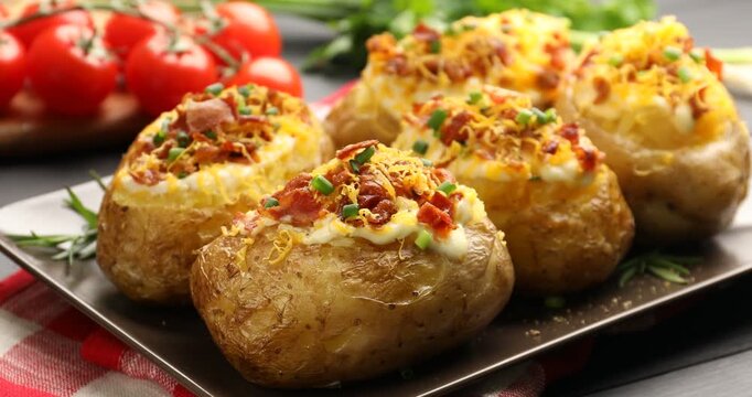 Woman adding bacon onto tasty stuffed baked potatoes at table, closeup