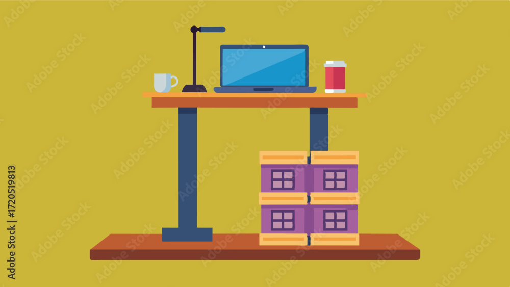 Poster a standing desk made out of crates equipped with a laptop and a standing mat.. vector illustration