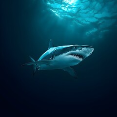 Fototapeta premium A large shark is swimming in the ocean. The shark is surrounded by water and the sunlight is shining through the water. 