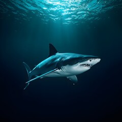Obraz premium A large shark is swimming in the ocean. The shark is surrounded by water and the sunlight is shining through the water. 