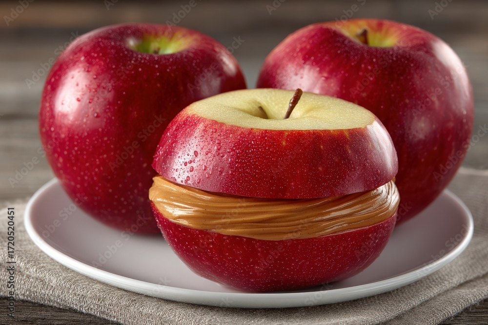 Aufkleber fresh red apples sliced and filled with creamy peanut butter creating a visually appealing and delic