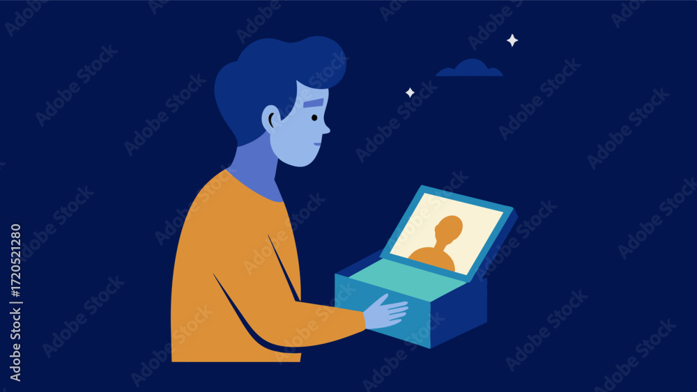 Aufkleber a person gazing at a memory box with a peaceful expression reflecting the calming and reflective nat