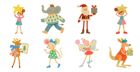 PNG Whimsical festive animal characters illustration, element set on transparent background