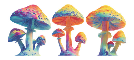 Vibrant Colorful Mushroom Illustrations with Distinct Shapes and Styles