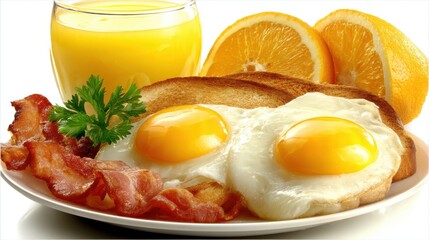 Delicious breakfast with eggs bacon and juice kitchen table food photography home setting close-up culinary delight