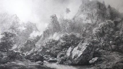 Gray scale mountain landscape illustration