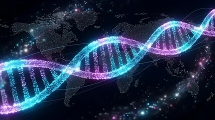 Global Genetic Blueprint Digital DNA Helix Illuminates Biotechnology Advancements and Scientific Innovation Across a Connected World Map - Powered by Adobe