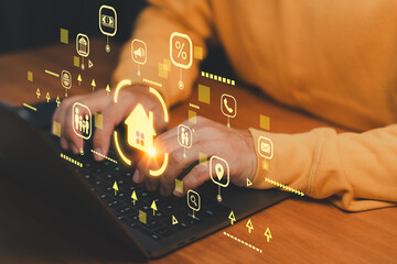 Real estate technology concept with person using laptop computer, digital housing investment, online property search, mortgage finance, smart home, and modern financial service solutions.