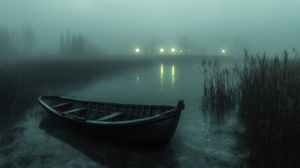 Misty Lake Solitude: A Rowboat on a Foggy Lake at Dusk
