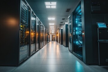 Server room interior, long hallway, rows of server cabinets.  Glowing lights, modern tech