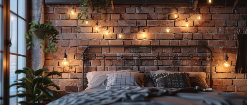 Cozy bedroom with brick wall and string lights