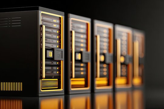 Rows of black server cabinets with orange accents, reflecting on a dark surface.  The cabinets feature multiple drive bays and glowing orange lights.  A sleek, modern design