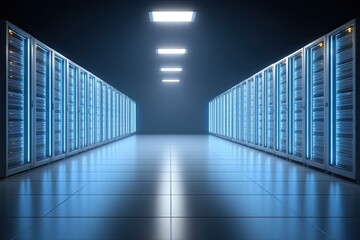 Server racks align in a dark, futuristic server room