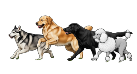 Animated Running Dogs Group Colorful Cartoon Style on Transparent Background