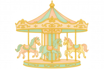 Pastel colored merry-go-round with three horses, an antique fairground icon presenting childhood fun and traditional carnival rides