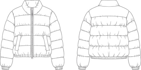 Vector technical drawing of puffer jacket front and back view, winter outerwear fashion coat, quilted apparel design template for clothing illustration