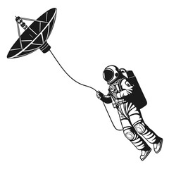 Astronaut floating near satellite silhouette