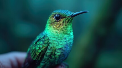 Obraz premium A vibrant hummingbird with iridescent green feathers perched closely, showcasing its intricate details against a blurred background.