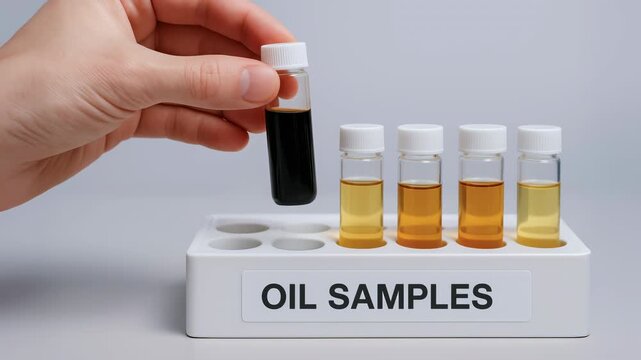 Hand holding dropper adding liquid to test tube with oil sample laboratory analysis petroleum
