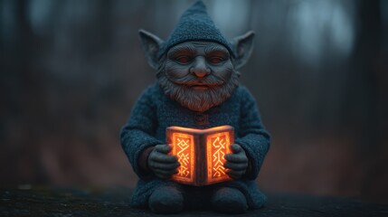A whimsical goblin figure in a knitted cloak holds a glowing book, set against a dimly lit forest backdrop, evoking a magical atmosphere.