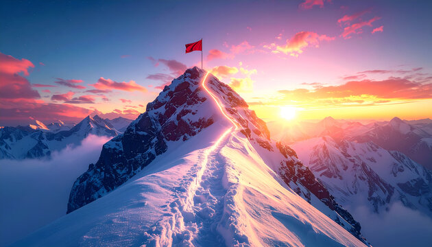 Bright illuminated trail guiding the way to a mountain peak at dawn with a victory flag.