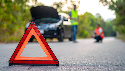 Roadside emergency scene with safety triangle and crashed car.