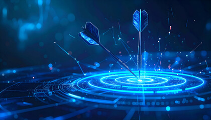 Digital abstract target with neon blue glow and dart in center, concept of achievement and success.