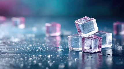 Transparent Ice Cubes Stacked on Wet Surface Under Blue and Pink Lighting Macro Photography