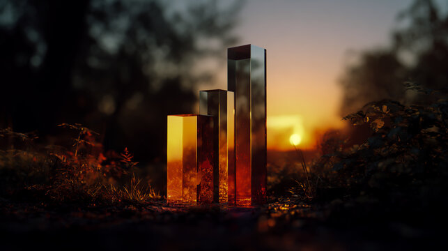 3D render of a vertical bar graph made from glass, placed on the ground with a forest and sunset in the background, with a double exposure effect and a gradient sky.