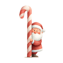 Santa hugging candy cane, watercolor nursery Christmas artwork.