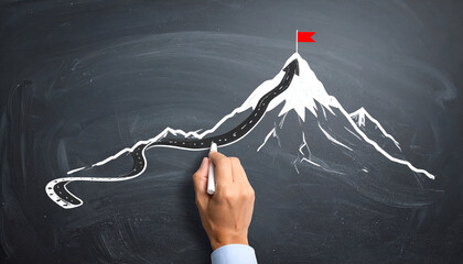 Concept of strategy and planning with a winding road to the top of the mountain.